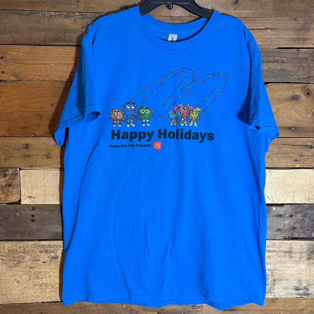 McDonald's Holiday Blue T-Shirt Size L Fry Guys with‎ Christmas Lights